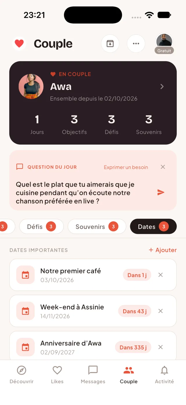 Mode Couple : dates importantes