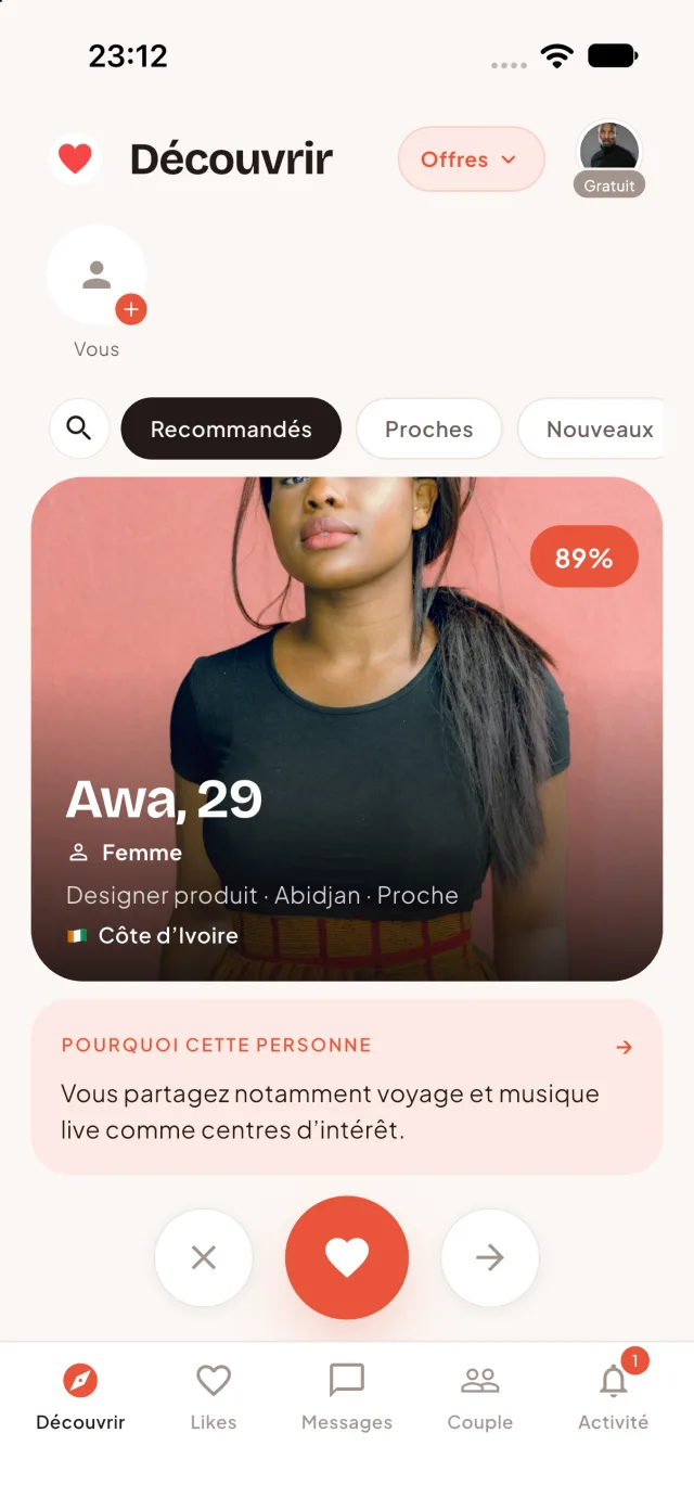 Écran Découvrir de l’application Match'Lov