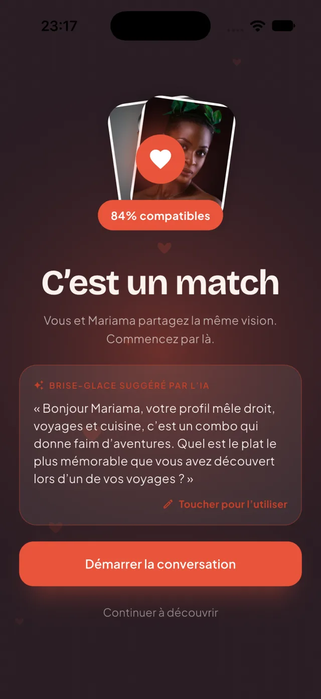 Écran « C’est un match » avec un brise-glace suggéré